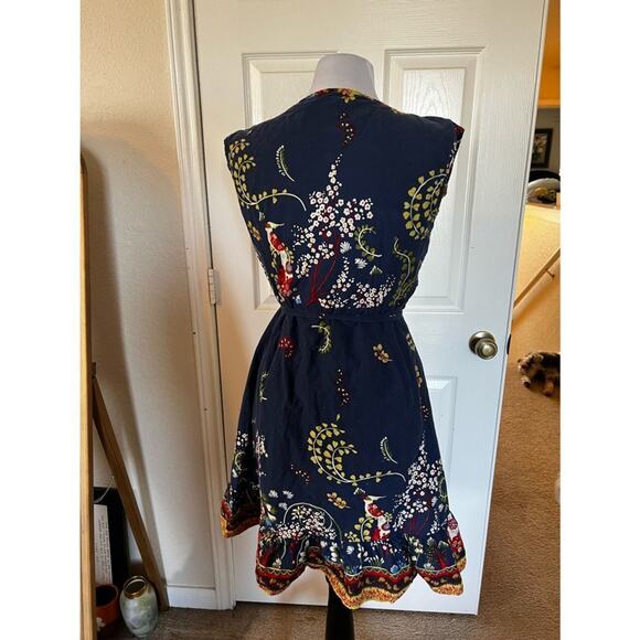 Boho Floral Cotton Wrap Dress – Blue Bird Print – Size Large by Solaris - Picture 3 of 14
